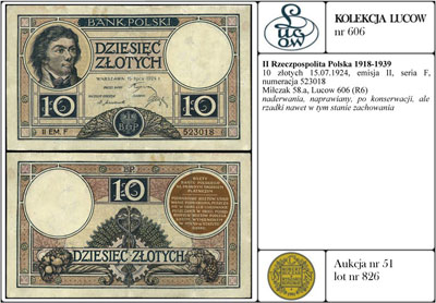 10 złotych 15.07.1924, emisja II, seria F, numer