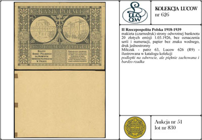 makieta (czarnodruk) strony odwrotnej banknotu 20 złotych emisji 1.03.1926, bez oznaczenia serii i numeracji, papier bez znaku wodnego, druk jednostronny, Miłczak - patrz 63, Lucow 626 (R9) - ilustrowana w katalogu kolekcji, podlepki na odwrocie, ale pięknie zachowana i bardzo rzadka