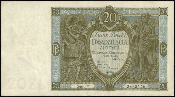 20 złotych 1.09.1929, seria CY., numeracja 2679146, Miłczak 69, Lucow 651 (R7), sklejone naddarcie, po konserwacji