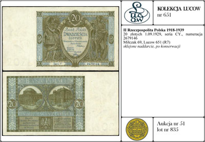 20 złotych 1.09.1929, seria CY., numeracja 2679146, Miłczak 69, Lucow 651 (R7), sklejone naddarcie, po konserwacji