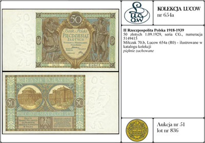 50 złotych 1.09.1929, seria CG., numeracja 5149415, Miłczak 70b, Lucow 654a (R0) - ilustrowane w katalogu kolekcji, pięknie zachowane