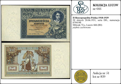 20 złotych 20.06.1931, seria DH., numeracja 6794196, Miłczak 72c, Lucow 666 (R0), pięknie zachowane