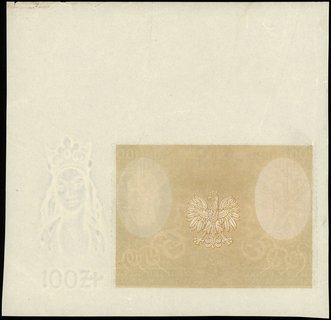 100 złotych 1932 lub 1934 - nieukończony druk bez oznaczenia serii i numeracji wydrukowane na oryginalnym papierze ponadwymiarowym ze znakiem wodnym, Miłczak 73 lub 74, Lucow 672a (R5), rzadkie i bardzo ładnie zachowane