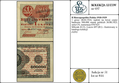 1 grosz 28.04.1924, nadruk na lewej części banknotu 500.000 marek polskich 30.08.1923, seria CN, numeracja 0767425, Miłczak 42fL, Lucow 697 (R1) - ilustrowany w katalogu kolekcji, piękny