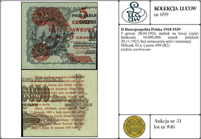 5 groszy 28.04.1924, nadruk na lewej części banknotu 10.000.000 marek polskich 20.11.1923, bez oznaczenia serii i numeracji, Miłczak 43a, Lucow 699 (R2), pięknie zachowane