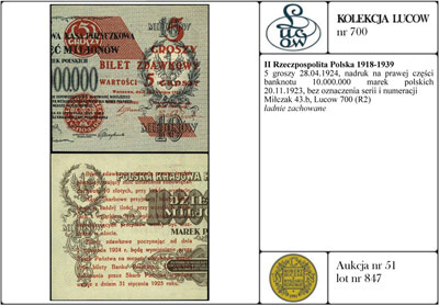 5 groszy 28.04.1924, nadruk na prawej części banknotu 10.000.000 marek polskich 20.11.1923, bez oznaczenia serii i numeracji, Miłczak 43b, Lucow 700 (R2), ładnie zachowane