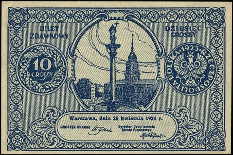 10 groszy 28.04.1924, bez oznaczenia serii i numeracji, Miłczak 44, Lucow 701 (R2) - ilustrowane w katalogu kolekcji, pięknie zachowane