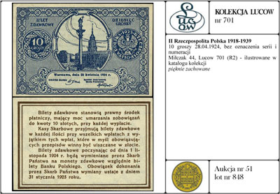 10 groszy 28.04.1924, bez oznaczenia serii i numeracji, Miłczak 44, Lucow 701 (R2) - ilustrowane w katalogu kolekcji, pięknie zachowane