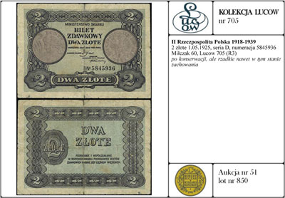 2 złote 1.05.1925, seria D, numeracja 5845936, Miłczak 60, Lucow 705 (R3), po konserwacji, ale rzadkie nawet w tym stanie zachowania