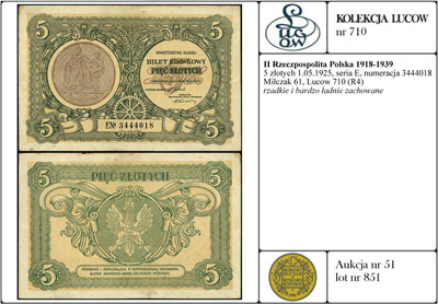 5 złotych 1.05.1925, seria E, numeracja 3444018, Miłczak 61, Lucow 710 (R4), rzadkie i bardzo ładnie zachowane