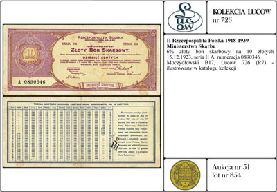 Ministerstwo Skarbu, 6% złoty bon skarbowy na 10 złotych 15.12.1923, seria II A, numeracja 0890346, Moczydłowski B17, Lucow 726 (R7) - ilustrowany w katalogu kolekcji