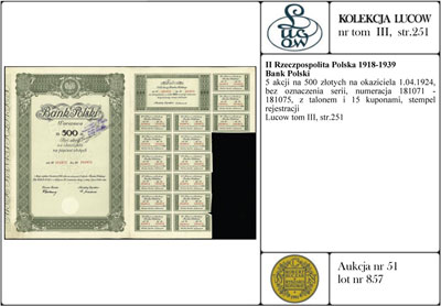 Bank Polski, 5 akcji na 500 złotych na okaziciela 1.04.1924, bez oznaczenia serii, numeracja 181071 - 181075, z talonem i 15 kuponami, stempel rejestracji, Lucow tom III, str. 251