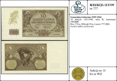 10 złotych 1.03.1940, seria B, numeracja 5462888