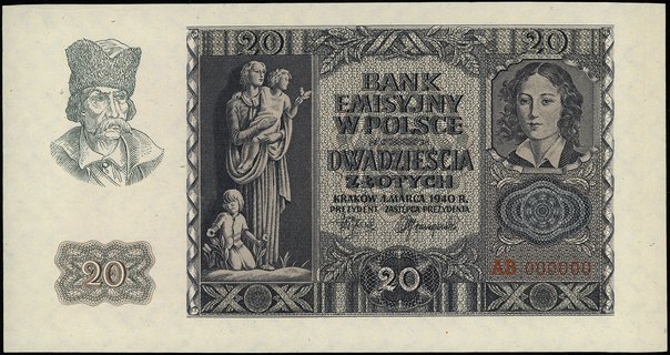 20 złotych 1.03.1940, seria AB, numeracja 000000