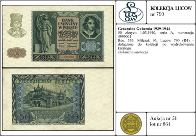50 złotych 1.03.1940, seria A, numeracja 4999001