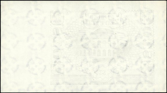 czarnodruk strony odwrotnej banknotu 100 złotych 1.03.1940, bez oznaczenia serii i numeracji, druk jednostronny na papierze ze znakami wodnymi jak w banknotach 2 złote emisji 1.07.1948, Ros. patrz 577, Miłczak - patrz 97, Lucow 797 (R4) - ilustrowane w katalogu kolekcji, duża ciekawostka - wydrukowane na papierze używanym od lat 50. XX wieku, pięknie zachowane