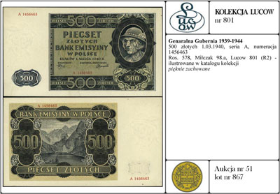 500 złotych 1.03.1940, seria A, numeracja 1456463, Ros. 578, Miłczak 98a, Lucow 801 (R2) - ilustrowane w katalogu kolekcji, pięknie zachowane