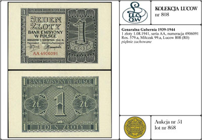 1 złoty 1.08.1941, seria AA, numeracja 4906091, Ros. 579a, Miłczak 99a, Lucow 808 (R0), pięknie zachowane