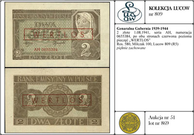 2 złote 1.08.1941, seria AH, numeracja 0655384, po obu stronach czerwona pozioma pieczęć \WERTLOS, Ros. 580