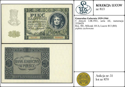 5 złotych 1.08.1941, seria AE, numeracja 3526424, Ros. 581, Miłczak 101b, Lucow 813 (R0), pięknie zachowane