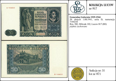 50 złotych 1.08.1941, seria D, numeracja 7104210, Ros. 582, Miłczak 102, Lucow 817 (R0), pięknie zachowane
