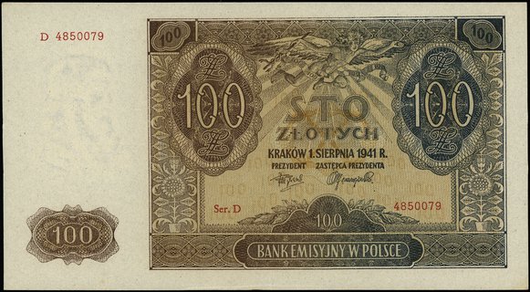 100 złotych 1.08.1941, seria D, numeracja 4850079, Ros. 583, Miłczak 103b, Lucow 821 (R0), pięknie zachowane