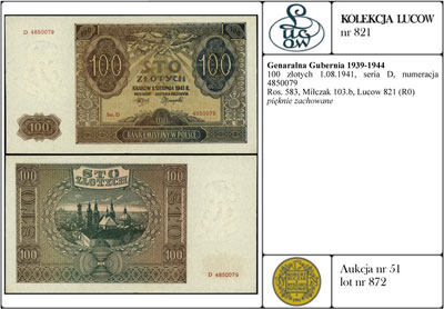 100 złotych 1.08.1941, seria D, numeracja 4850079, Ros. 583, Miłczak 103b, Lucow 821 (R0), pięknie zachowane