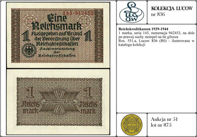 1 marka, seria 145, numeracja 942453, na dole po prawej suchy stempel na tle gilosza, Ros. 551.a, Lucow 836 (R0) - ilustrowana w katalogu kolekcji