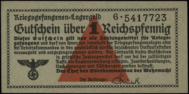 Oberkommando der Wehrmacht, 1 fenig, seria 6, numeracja 5417723, Ros. 515, Campbell 3751.f, Lucow 841 (R1) - ilustrowany w katalogu kolekcji, pięknie zachowane