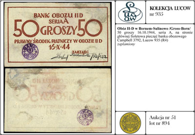 50 groszy 16.10.1944, seria A, na stronie głównej fioletowa pieczęć banku obozowego, Campbell 3792, Lucow 935 (R4), zaplamiony