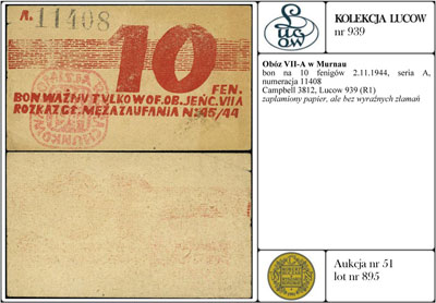 bon na 10 fenigów 2.11.1944, seria A, numeracja 11408, Campbell 3812, Lucow 939 (R1), zaplamiony papier, ale bez wyraźnych złamań