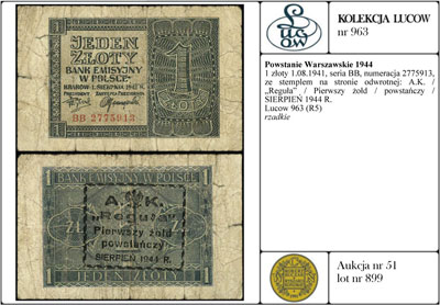 1 złoty 1.08.1941, seria BB, numeracja 2775913, ze stemplem na stronie odwrotnej: A.K. / \Reguła\" / Pierwszy żołd / powstańczy / SIERPIEŃ 1944 R.