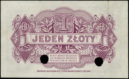 1 złoty 15.08.1939, seria A, numeracja 0000000, na stronie głównej czerwony ukośny nadruk \SPECIMEN, dwukrotnie perforowane