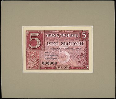 nieznany projekt niewprowadzonego do obiegu banknotu 5 złotych 15.08.1939, bez oznaczenia serii, numeracja 000000, strona główna i odwrotna na osobnych kartonach, wykonane techniką naklejania fragmentów druku i zamalowywania niektórych fragmentów, obie strony osobno oprawione w kartonowe passe-partout, Miłczak -, Lucow -, nienotowane w żadnej literaturze projekty niezwykłej rzadkości, wykonane prawdopodobnie w pojedynczym egzemplarzu, razem 2 sztuki (strona główna i odwrotna na osobnych kartonach)