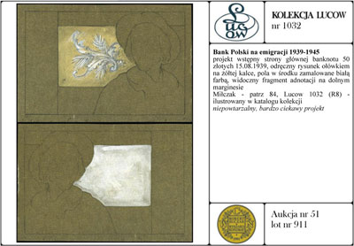projekt wstępny strony głównej banknotu 50 złotych 15.08.1939, odręczny rysunek ołówkiem na żółtej kalce, pola w środku zamalowane białą farbą, widoczny fragment adnotacji na dolnym marginesie, Miłczak - patrz 84, Lucow 1032 (R8) - ilustrowany w katalogu kolekcji, niepowtarzalny, bardzo ciekawy projekt