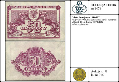 50 groszy 1944, bez oznaczenia serii i numeracji, Miłczak 104a, Lucow 1074 (R2), ładnie zachowane