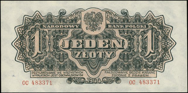 1 złoty 1944, seria OC, numeracja 483371, w klau