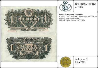 1 złoty 1944, seria OC, numeracja 483371, w klauzuli \obowiązkowym, Miłczak 105a