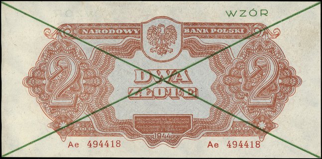 2 złote 1944, seria Ae, numeracja 494418, w klauzuli \obowiązkowym, po obu stronach dwukrotnie przekreślony i nadruk \"WZÓR\" w kolorze zielonym