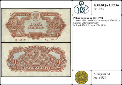 2 złote 1944, seria Ac, numeracja 126426, w klauzuli \obowiązkowym, Miłczak 106b
