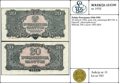 20 złotych 1944, seria AX, numeracja 861129, w klauzuli \obowiązkowym, Miłczak 109