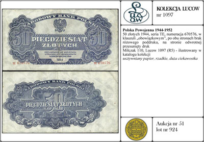 50 złotych 1944, seria TE, numeracja 670576, w klauzuli \obowiązkowym, po obu stronach brak różowego poddruku
