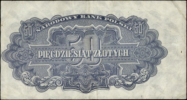 50 złotych 1944, seria TE, numeracja 670576, w klauzuli \obowiązkowym, po obu stronach brak różowego poddruku
