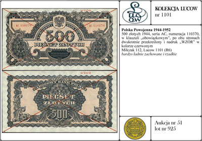 500 złotych 1944, seria AC, numeracja 110370, w klauzuli \obowiązkowym, po obu stronach dwukrotnie przekreślony i nadruk \"WZÓR\" w kolorze czerwonym