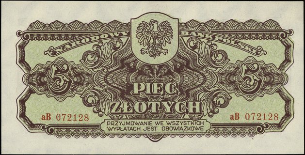 5 złotych 1944, seria aB, numeracja 072128, w klauzuli \obowiązkowe, Miłczak 114b
