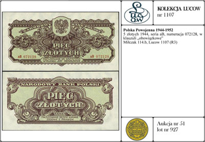 5 złotych 1944, seria aB, numeracja 072128, w kl