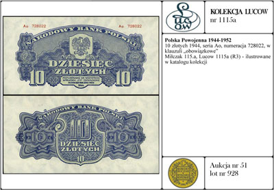 10 złotych 1944, seria Ao, numeracja 728022, w k