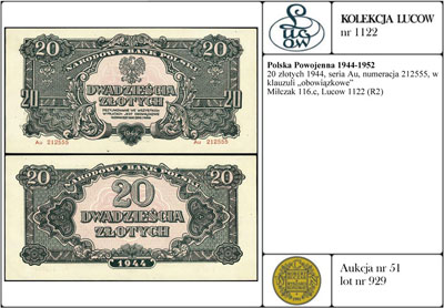 20 złotych 1944, seria Au, numeracja 212555, w k