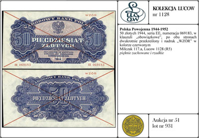50 złotych 1944, seria EE, numeracja 069183, w k