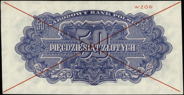 50 złotych 1944, seria EE, numeracja 069183, w klauzuli \obowiązkowe, po obu stronach dwukrotnie przekreślony i nadruk \"WZÓR\" w kolorze czerwonym